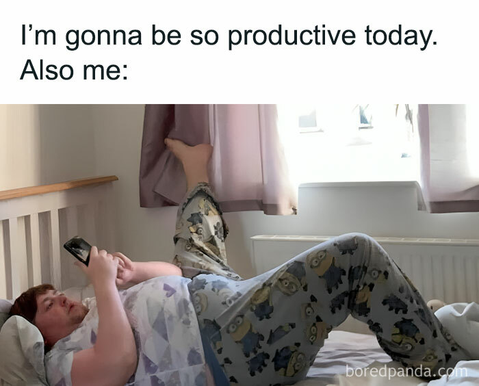 Person in pajamas lying on bed with phone, embodying Meme Queen humor about procrastination.