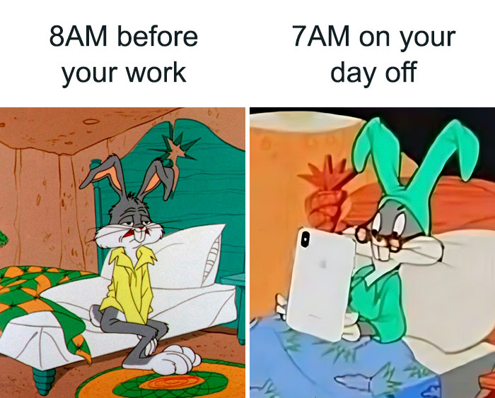 Cartoon character in pajamas comparing workday and day off mornings in a funny meme from Meme Queen account.