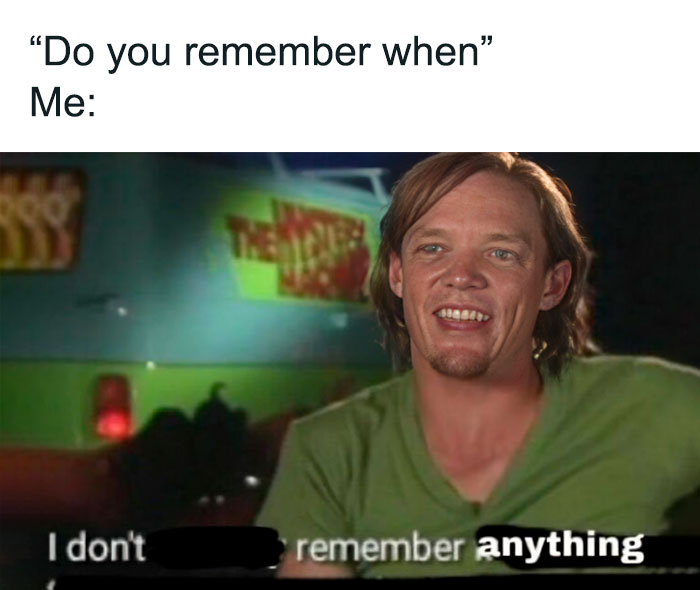 Meme with a man saying "I don't remember anything," humorously capturing forgetfulness.