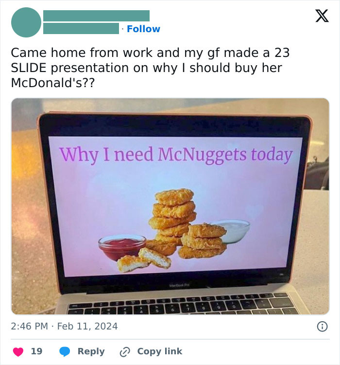 Laptop screen displaying a funny meme about McNuggets presentation.