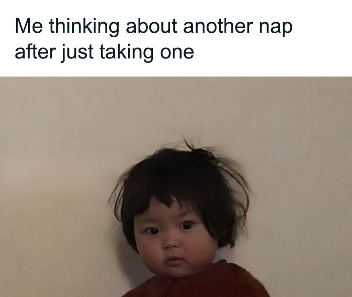 Cute child with messy hair looking tired, with text about napping. Meme Queen humor from Instagram.
