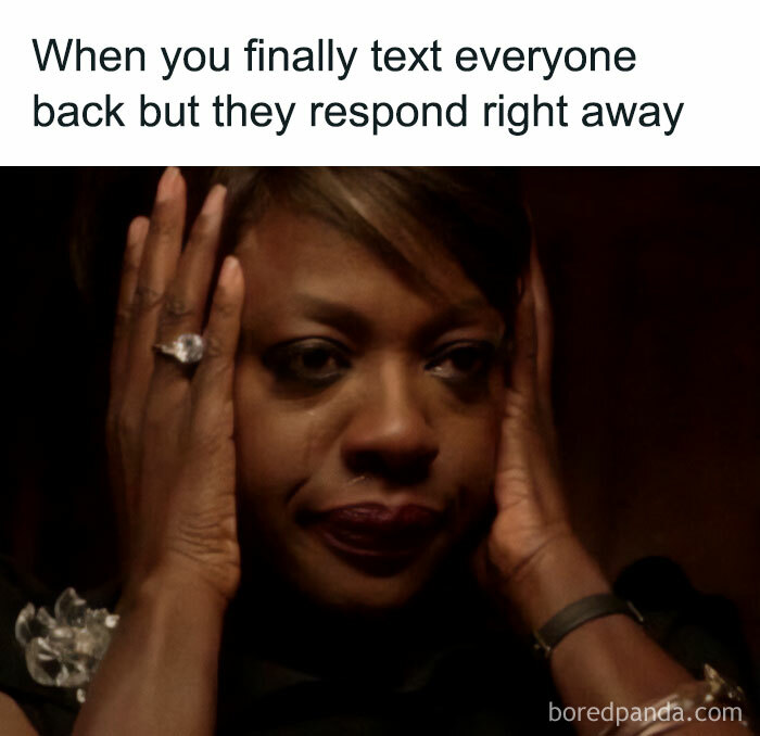 Woman holding her head in frustration with text about replying to messages, from Meme Queen Instagram.