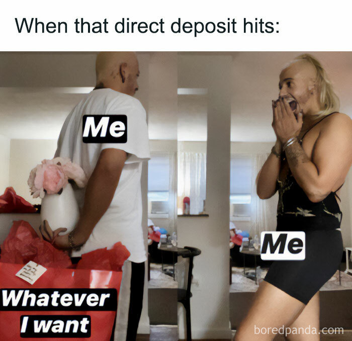 Two people labeled "Me" with a gift, capturing funny meme humor from the Meme Queen account.