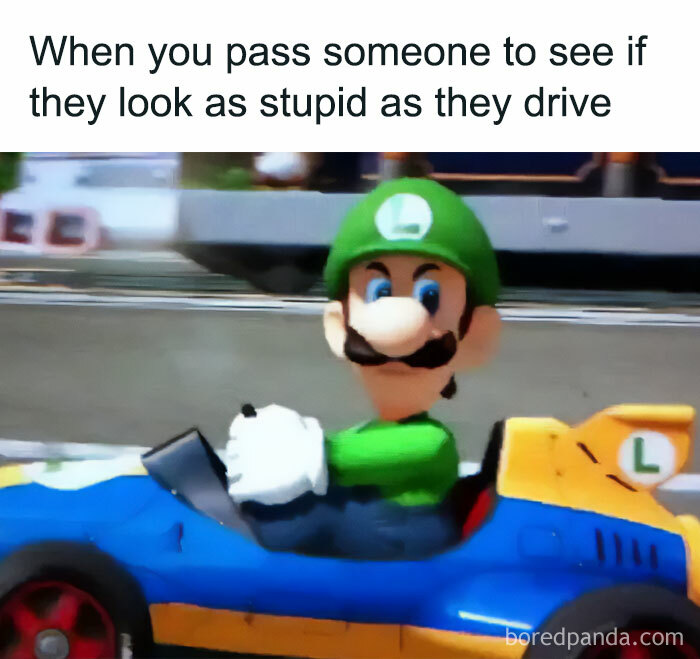 Character in a green outfit driving, captioned about observing others while passing; from Meme Queen Instagram.