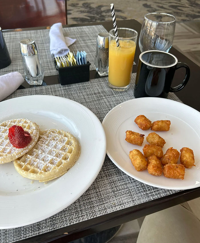 Hotel I'm At Just Charged Me 14 Bucks For A Couple Of Eggos And 10 Tater Tots