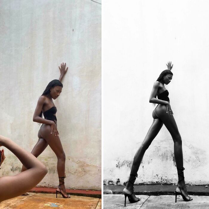 Photographer Trying To Claim That The Long Legs Are Only Due To “Angling”