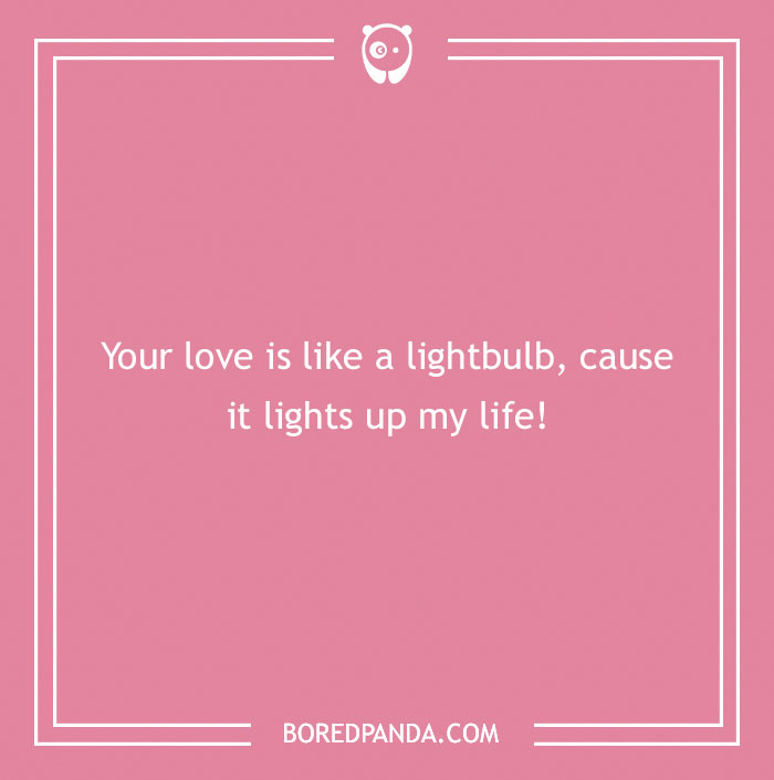 Pink graphic with a love pun: "Your love is like a lightbulb, cause it lights up my life!"