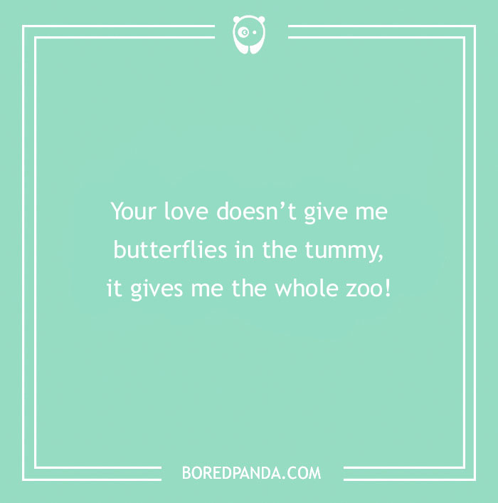 Love pun saying "Your love doesn’t give me butterflies; it gives me the whole zoo" on a teal background.