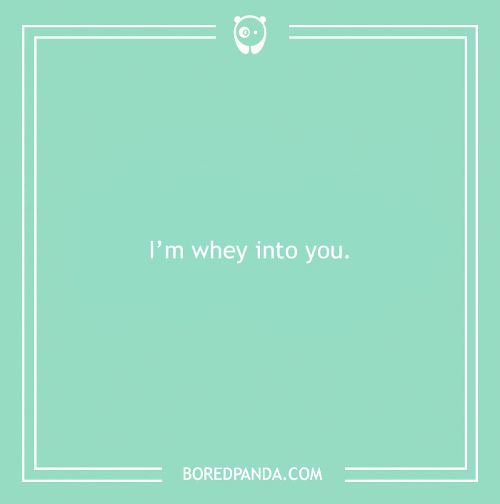 Green background with white text saying "I'm whey into you," featuring a love pun.
