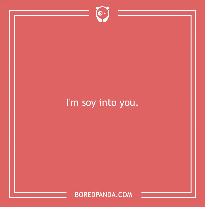 Text on a pink background reads "I'm soy into you," a love pun.