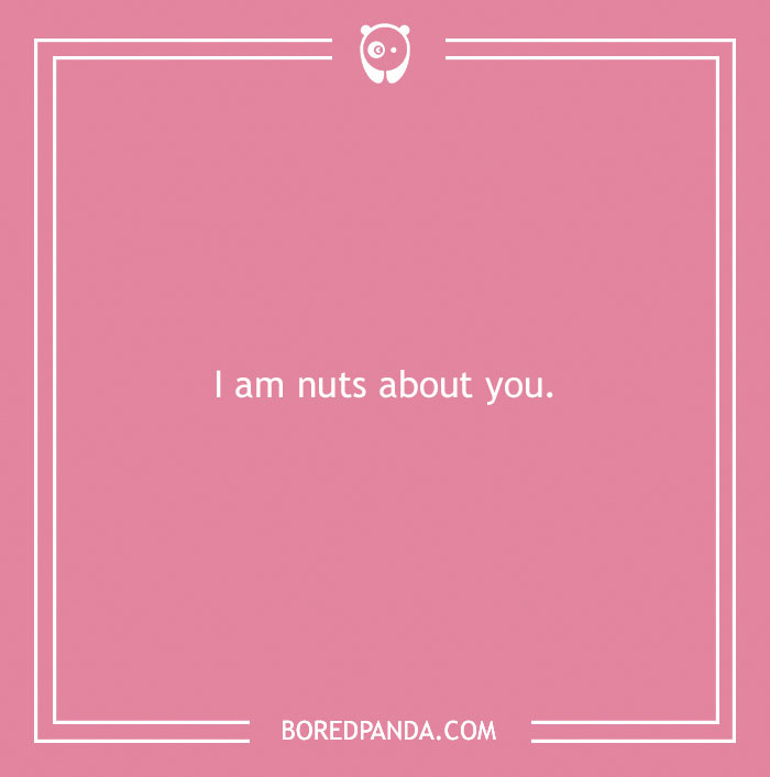 Pink card with the love pun "I am nuts about you" in white text.