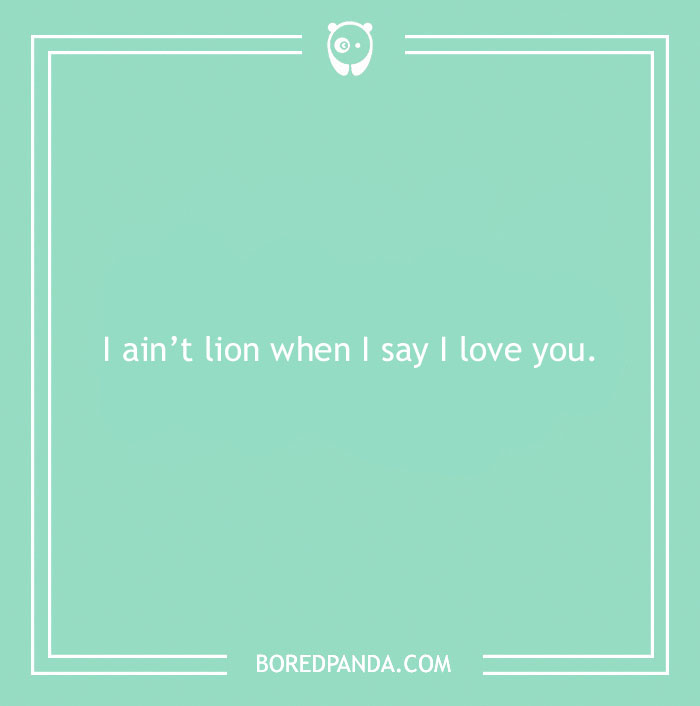 Text on a green background saying, "I ain’t lion when I say I love you." Features a love pun.