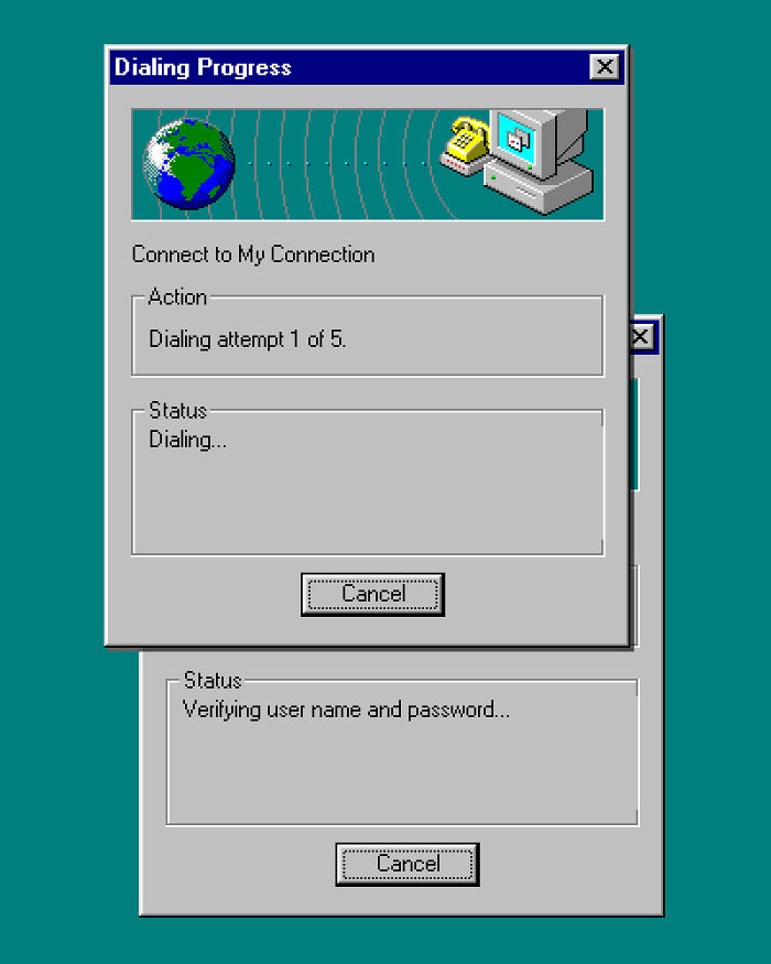Retro computer dialing screen showing internet connection attempts, illustrating trivia-worthy facts about the past and old technology.