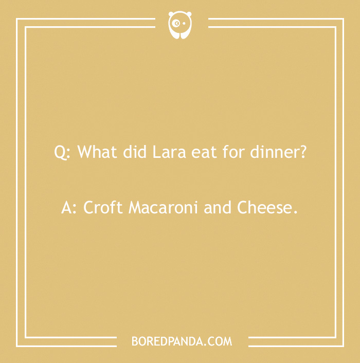 Pasta joke on a beige background asking what Lara ate for dinner with a macaroni and cheese punchline.