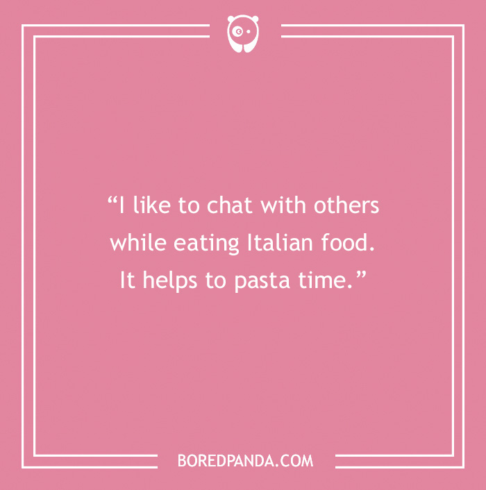 Pink graphic with a pasta joke about chatting while eating Italian food, including the keyword pasta jokes.