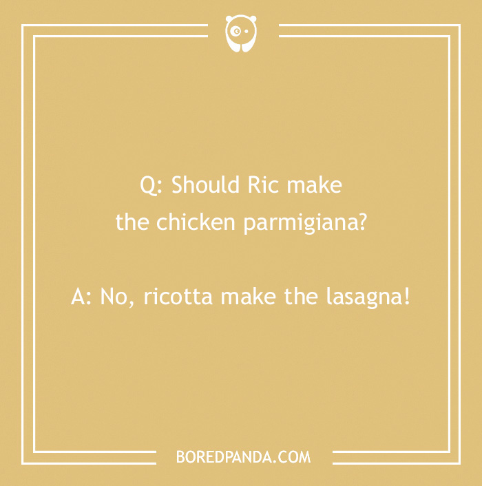 Pasta joke about ricotta and lasagna on a beige background with simple white text and frame.