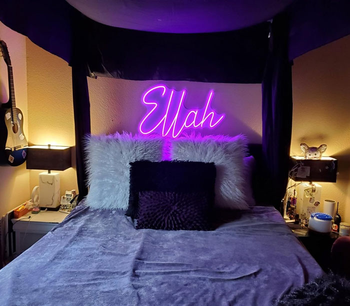 Kids' personalized bedroom with neon lights and cozy decor, perfect for Valentine's Day gifts.