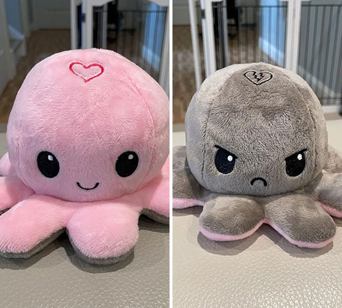 Reversible plush octopus toy with happy pink and grumpy gray sides, perfect Valentine's Day gift for kids.