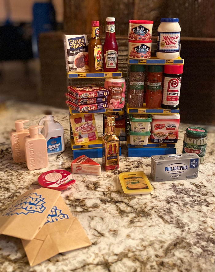 Miniature grocery store items arranged on a countertop; perfect Valentine's Day gifts for kids.