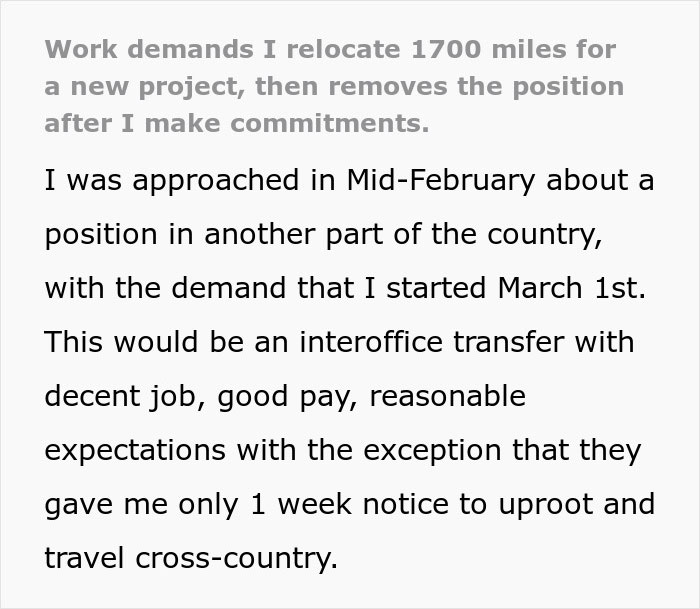 Man Urged To Lawyer Up And Make Company Pay For Making Him Move 1,700 Miles For Nothing
