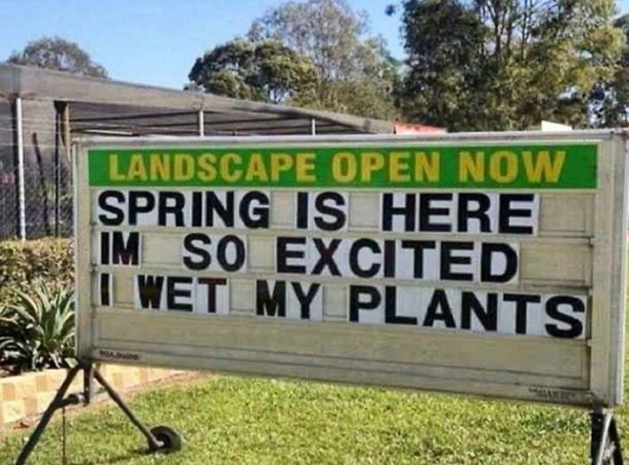 Funny spring meme on a sign reads "Spring is here, I'm so excited I wet my plants," in a landscape setting.