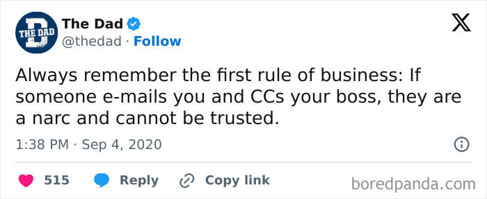 Funny work meme about CCing your boss in emails being untrustworthy, shared by The Dad.