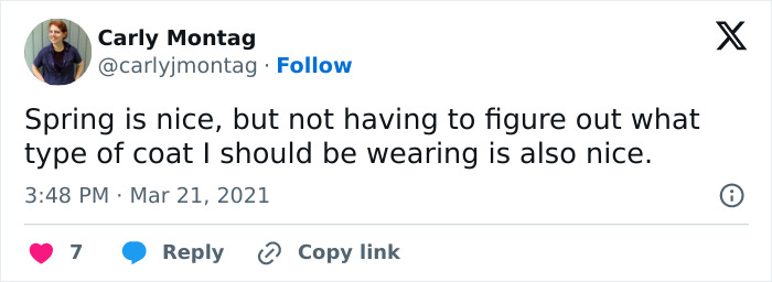 Funny meme about spring weather confusion on coat choice.