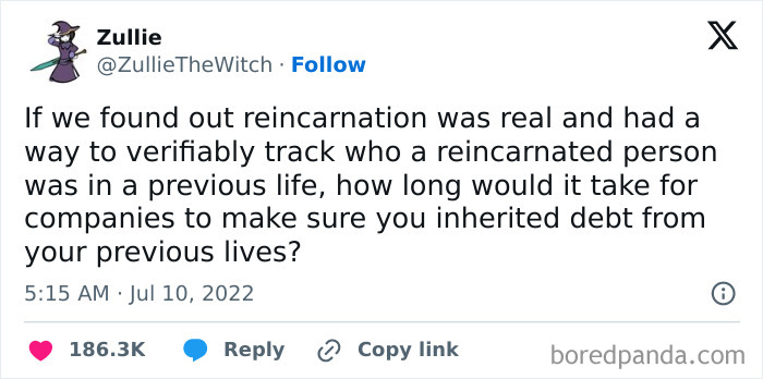 Tweet about reincarnation and companies ensuring inherited debt, highlighting corporate humor.