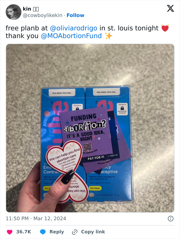 Fans Praise Olivia Rodrigo For Giving Concert-Goers Free Plan B And Condoms Fans Praise Olivia Rodrigo For Giving Concert-Goers Free Plan B And Condoms