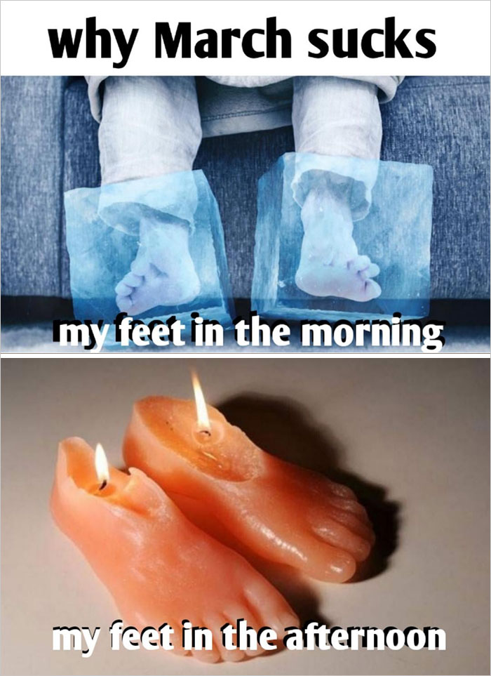 Funny meme contrasting cold feet in ice with melting wax feet, symbolizing the mixed joys and flaws of welcoming spring.