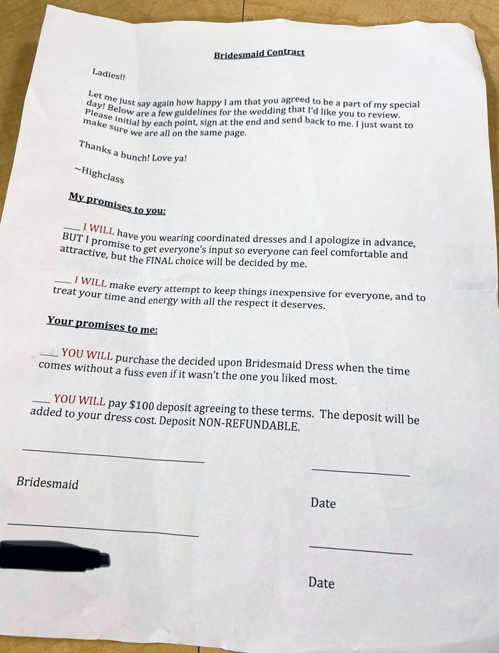 She Wants A Deposit From Her Bridesmaids