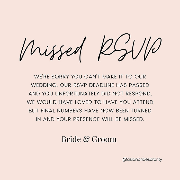 Woman Shares “Missed RSVP” Cards For “Inconsiderate” Wedding Guests Who Didn’t Reply By Deadline Woman Shares “Missed RSVP” Cards For “Inconsiderate” Wedding Guests Who Didn’t Reply By Deadline