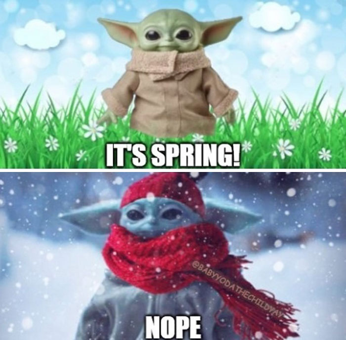 Baby Yoda meme capturing the joys and flaws of spring with a warm, sunny scene and a snowy backdrop.