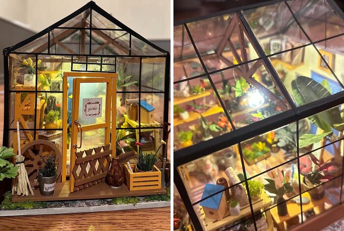Miniature indoor garden scene inside a glass greenhouse showcasing plants and gardening hobbies with detailed decorations.
