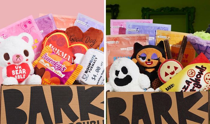 Subscription gifts in BARK boxes, featuring plush toys and treats, ideal for dogs during the holiday season.