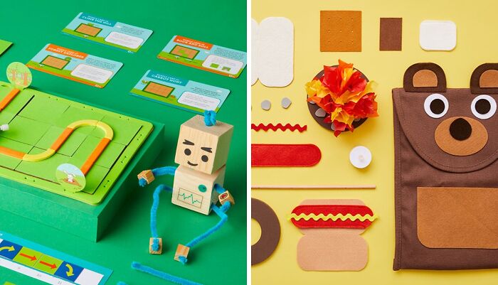 Subscription gift sets featuring educational robot kit and creative bear-themed crafts on vibrant backgrounds.