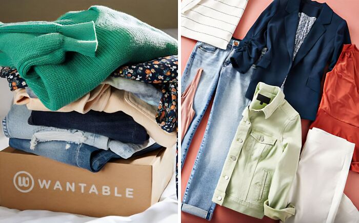 Subscription gift box with stylish clothing options, including sweaters and jeans.