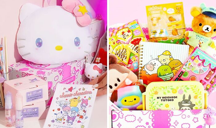 Subscription gifts featuring Sanrio characters, plush toys, notebooks, and colorful stationery for holiday shopping.