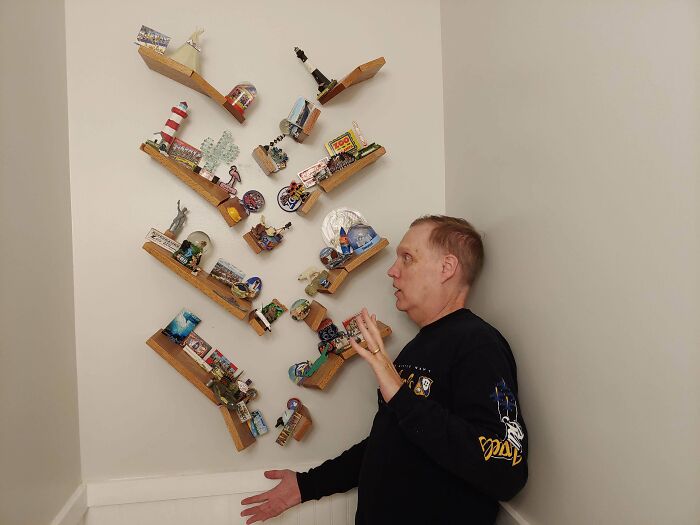 We Built Falling Shelves Over The Toilet In Our Guest Bathroom To Show Off Our Tourist Souvenirs. We Thought Regular Shelves Would Be Boring So We Went For A More Dangerous Design Where Everything Is Falling Down. It Looks Great And Was Cheap And Easy To Build