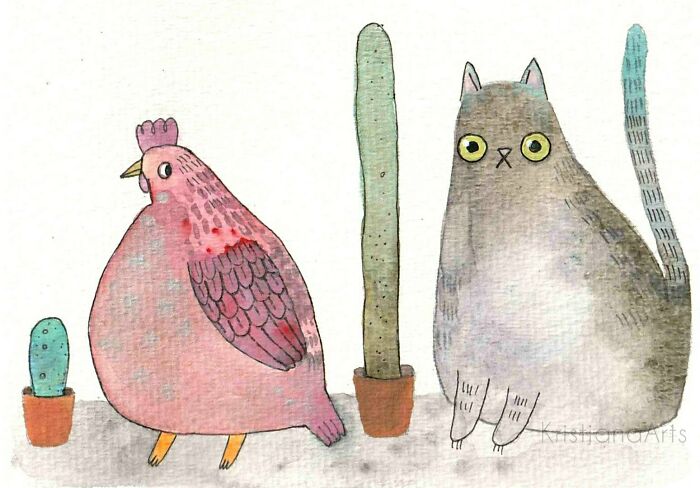 A Chicken And Cat Painting By Me. Watercolor And Ink On 4x5.5" Paper