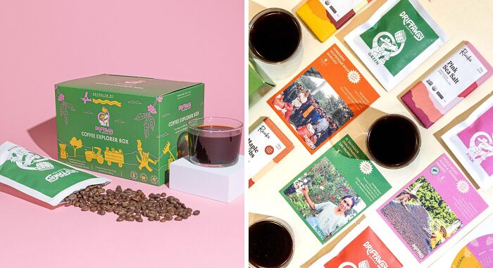 Coffee subscription gift box with various packets, beans, and a glass of coffee on a colorful background.