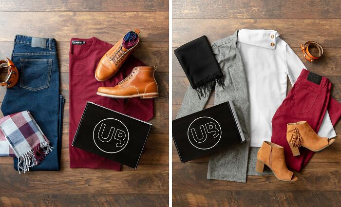 Subscription gifts including clothes, shoes, and accessories on a wooden floor.