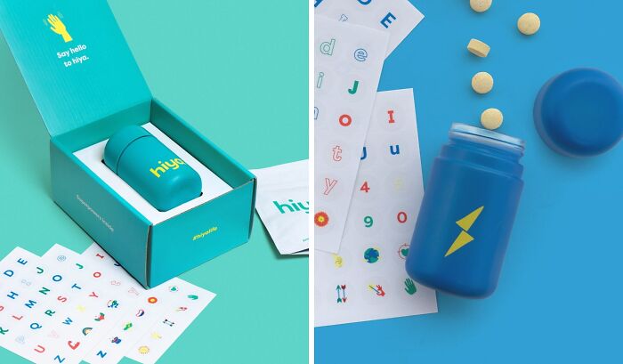 Subscription gift box with vitamins and stickers on a blue background.