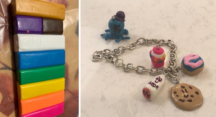 Colorful stacked clay blocks and a handmade charm bracelet with miniature clay figures, showcasing creative hobbies and crafting skills.
