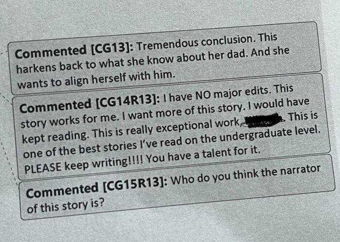 The Comments My Professor Left For Me On My Creative Writing Short Story. I Will Definitely Keep Writing! I Feel Like I’m Walking On Clouds