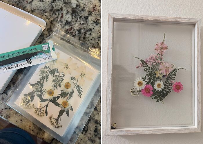 Pressed flowers crafting project shown with supplies on a countertop and a framed floral artwork on a wall, skill time hobby activity.