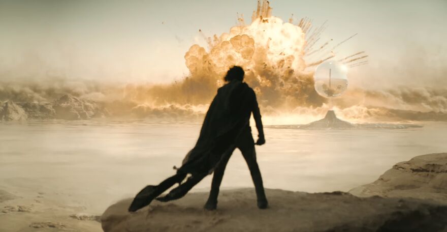 In Dune: Part 2 The Vfx Artist Forgot To Turn Off The Hdri Sphere In The Final Render, Covering Up Part Of The Explosion In The Background. This Is Because Vfx Artists Are Overworked And Don't Get Paid Enough.