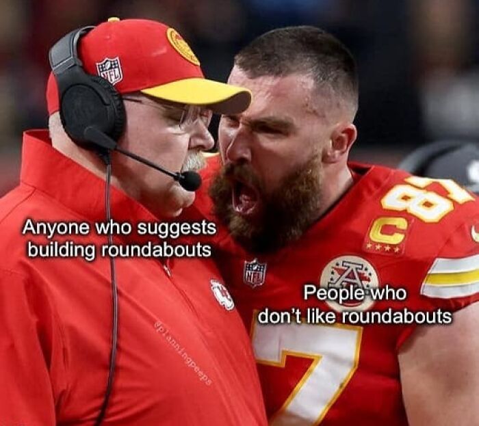 Meme on urban planning showing a heated argument about roundabouts during a football game.