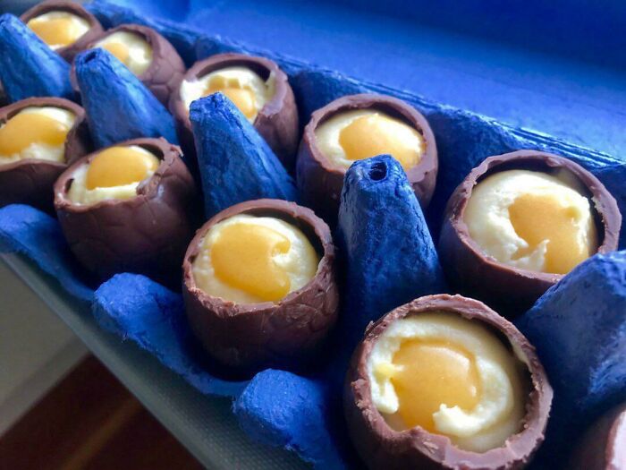 Easter Eggs, White Chocolate Mousse, Apricot And Passion Fruit Yolks In Milk Chocolate Shells
