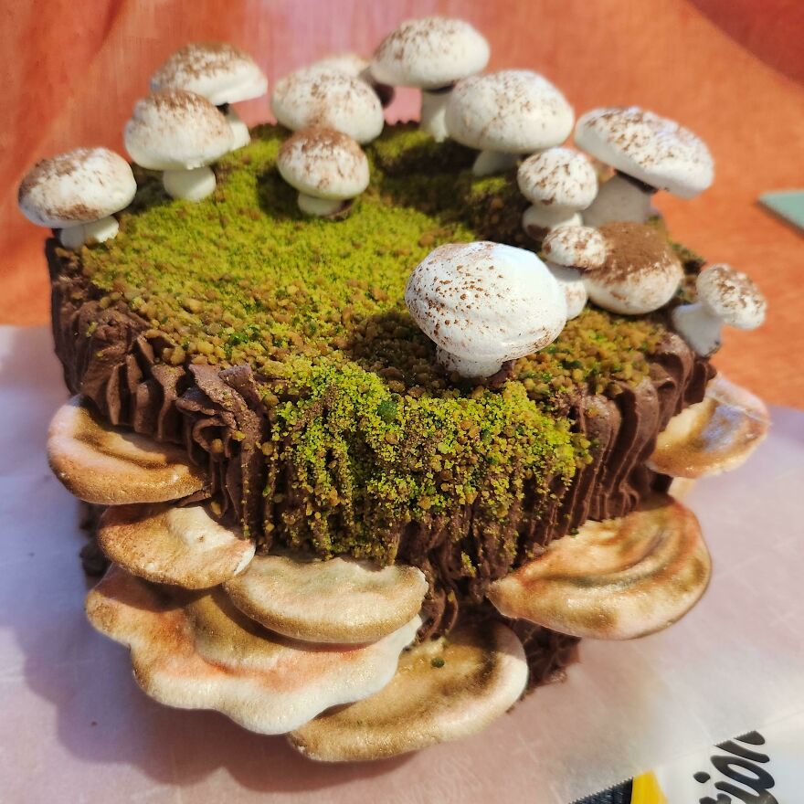 It's My Mycology-Loving Husband's Birthday! I Baked Him This Caramel Cake With Whipped Chocolate Ganache And Meringue Shroomies